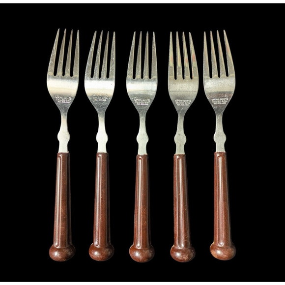 Vintage Oxford Hall Stainless Forks Japan Brown Plastic Handle 5 Pieces 1973 MCM - Picture 3 of 11